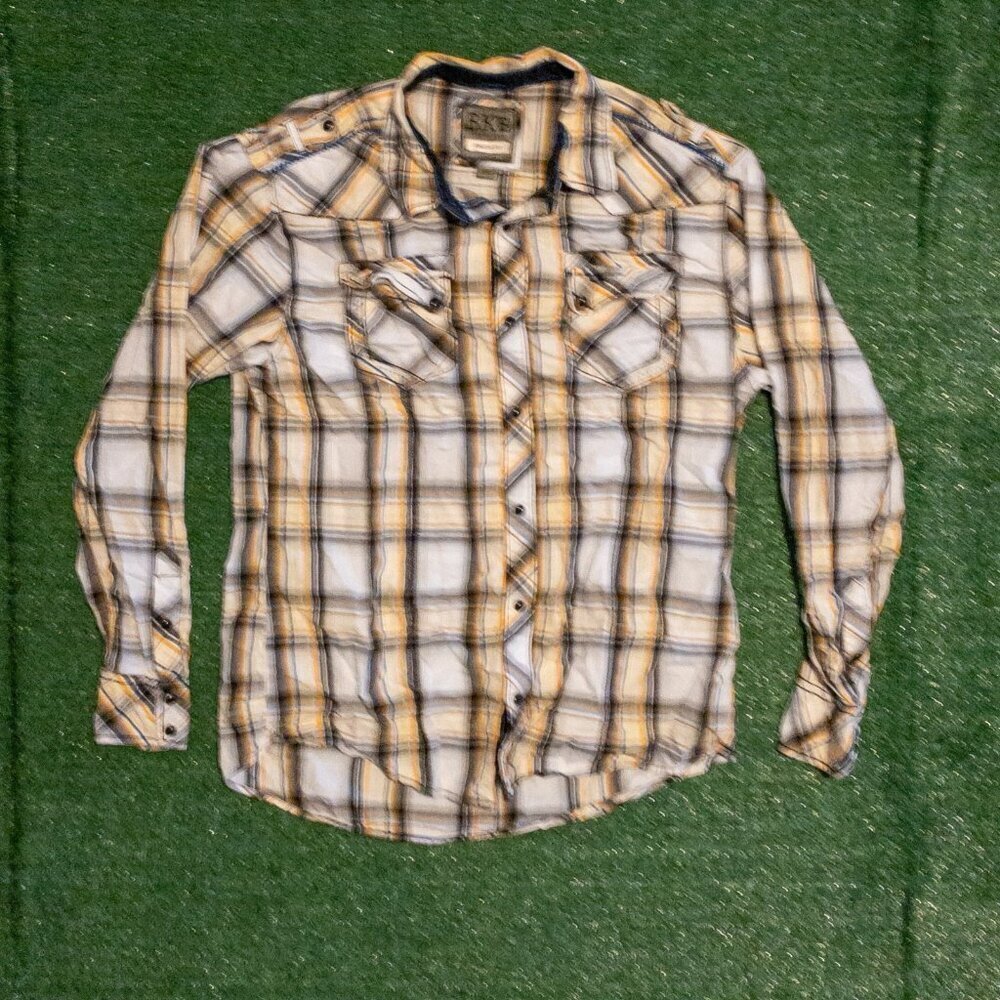 BKE ATHLETIC FIT PEARL SNAP SHIRT LONG SLEEVE BUTTON UP YELLOW PLAID SIZE XL
